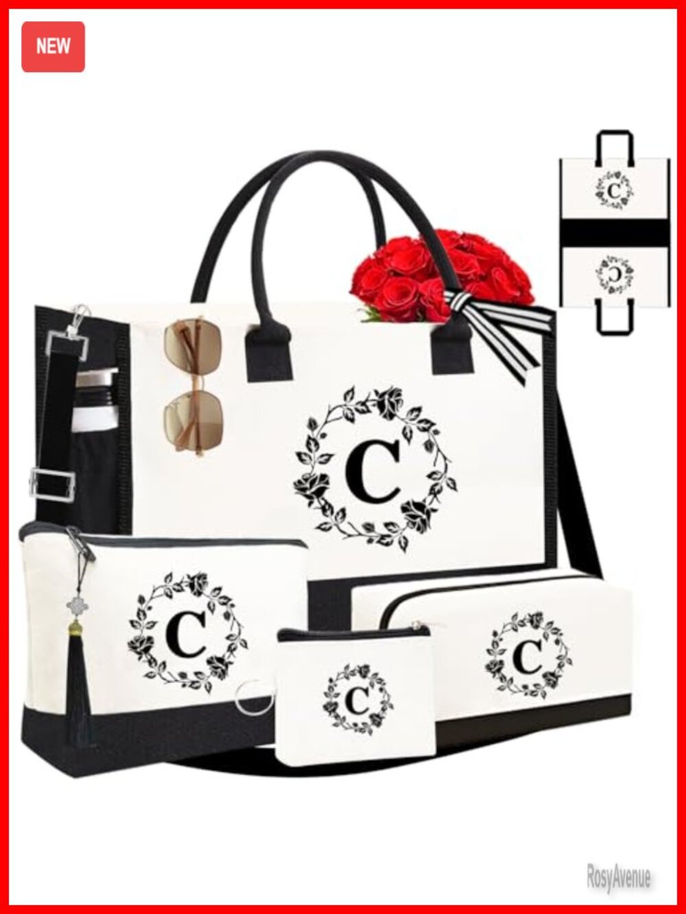 Personalized Monogram Canvas Tote Bag Set 4pc Embroidery Makeup Bags